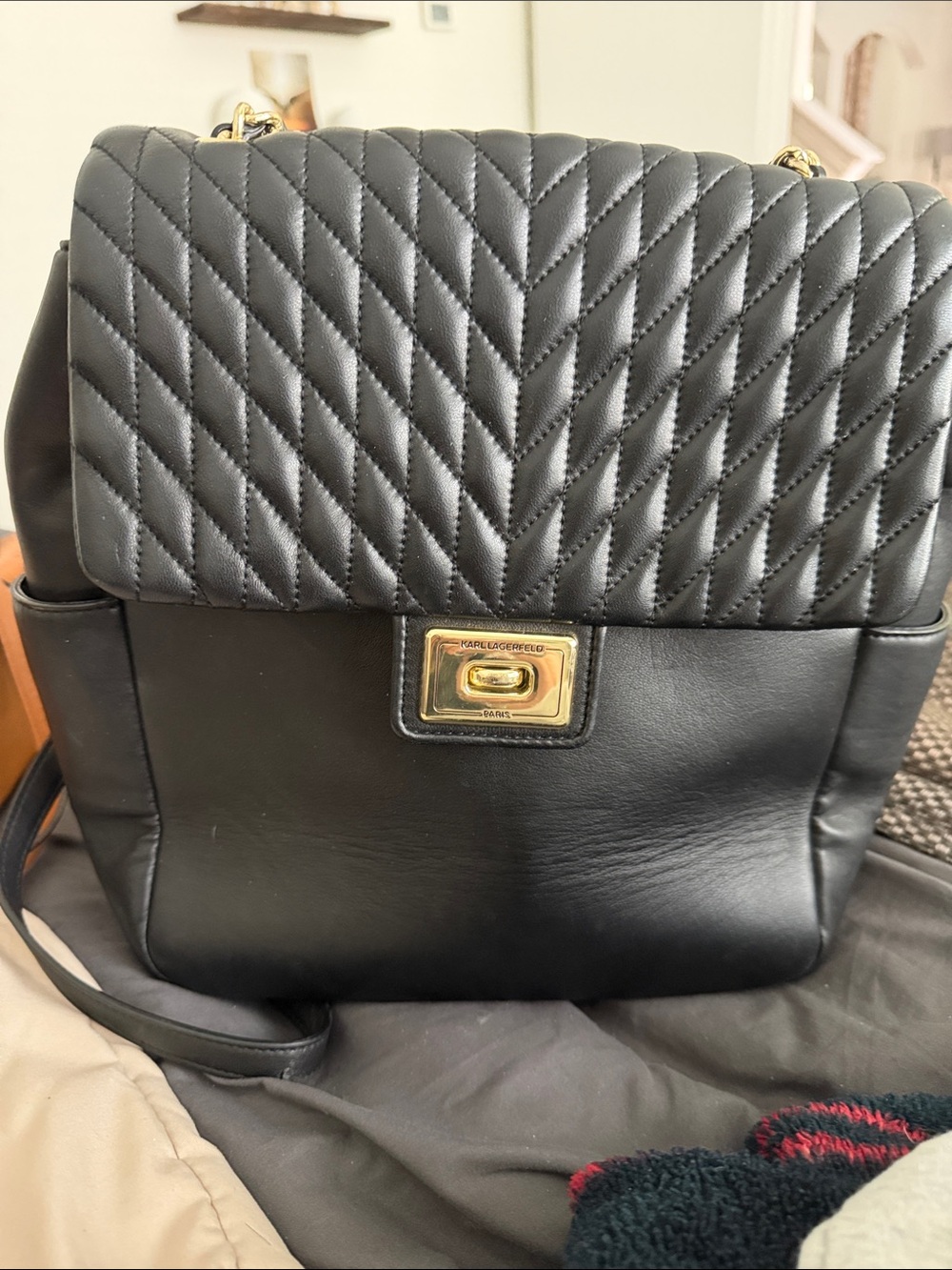 Karl Lagerfeld Black Quilted Leather Backpack with Gold Hardware